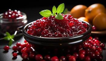 AI generated Freshness and sweetness in a bowl of homemade berry dessert generated by AI photo