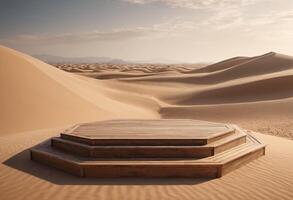 AI generated wooden podium with sand background Generative Ai photo