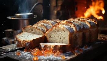 ai generado recién horneado un pan en un rústico mesa, Listo a comer y delicioso generado por ai foto