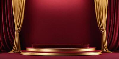 AI generated Golden Podium with luxury maroon color room background Generated Ai photo