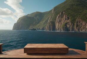 AI generated Wooden podium with copy space for product display presentation on palm beach and blue sky background. Generative Ai photo