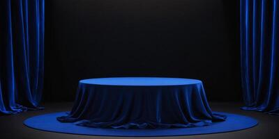 AI generated Golden round podium with luxurious royal blue background for display Ai generated photo