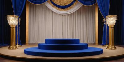 AI generated Golden round podium with luxurious royal blue background for display Ai generated photo