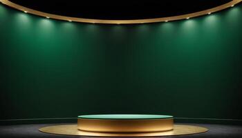 ai generado dorado podio con lujo oscuro verde habitación antecedentes generado ai foto