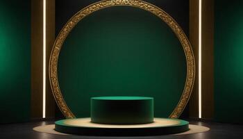 AI generated Golden Podium with luxury dark green room background Generated Ai photo