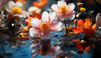 AI generated A vibrant bouquet of colorful flowers reflects in a tranquil pond generated by AI photo