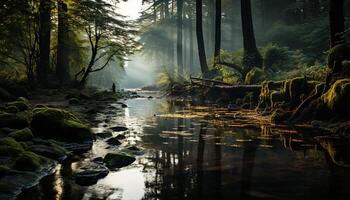 AI generated Tranquil scene foggy autumn forest reflects natural beauty and mystery generated by AI photo