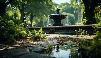 AI generated Tranquil scene flowing water, green trees, and fresh summer beauty generated by AI photo