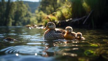 AI generated Cute duckling quacking by the pond, surrounded by nature generated by AI photo