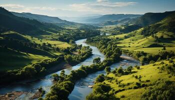 AI generated Tranquil meadow reflects beauty of nature in panoramic mountain landscape generated by AI photo