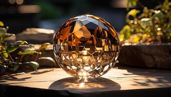 AI generated Shiny glass sphere reflects glowing gold, nature elegant decoration generated by AI photo