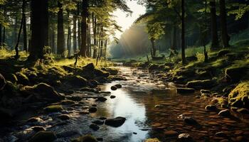 ai generado tranquilo escena otoño hojas, verde árboles, fluido agua, pacífico naturaleza generado por ai foto