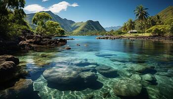 AI generated Tranquil scene mountain peak reflects in serene pond, surrounded by green forest generated by AI photo