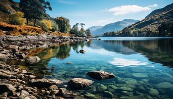 AI generated Tranquil scene mountain peak reflects in tranquil pond, surrounded by nature generated by AI photo