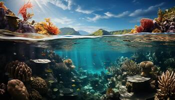 ai generado submarino arrecife pescado en naturaleza, profundo azul multi de colores escafandra autónoma buceo generado por ai foto