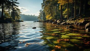 AI generated Tranquil scene autumn forest reflects multi colored mountain range generated by AI photo