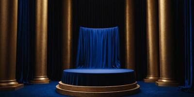 AI generated Golden round podium with luxurious royal blue background for display Ai generated photo