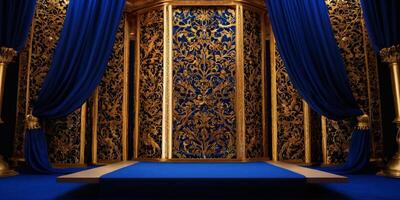 AI generated Golden round podium with luxurious royal blue background for display Ai generated photo