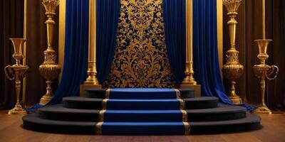 AI generated Golden round podium with luxurious royal blue background for display Ai generated photo