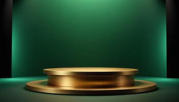 AI generated Golden Podium with luxury dark green room background Generated Ai photo