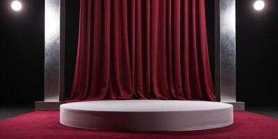 AI generated Golden podium with Burgandy color fabric background photo