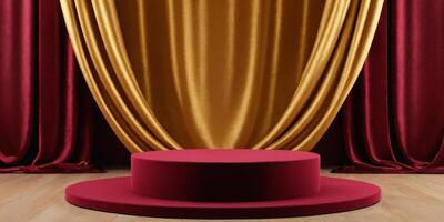 AI generated Golden Podium with luxury maroon color room background Generated Ai photo