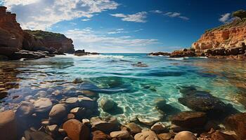 AI generated Majestic rock cliff reflects tranquil turquoise waters at dusk generated by AI photo