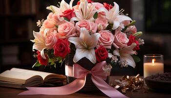 AI generated A beautiful bouquet of fresh flowers decorates the rustic table generated by AI photo