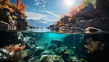 AI generated Underwater adventure fish swim in multi colored reef, nature beauty generated by AI photo