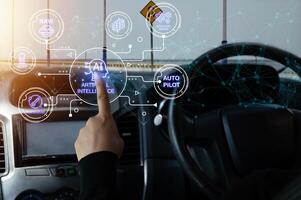 concepto de utilizando artificial inteligencia a controlar vehículos a facilitar autónomo conduciendo. foto