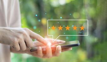 A concept where customers review and rate their satisfaction. Service score and maximum satisfaction at the 5 star level photo