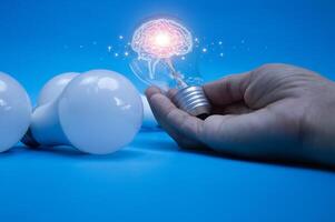 Concept, brain icon, glowing light bulb creativity and new ideas photo