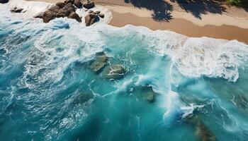 AI generated Blue wave splashing on rocky coastline, an idyllic summer adventure generated by AI photo