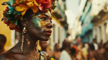 ai generado vistoso calle festival con vibrante flor corona foto