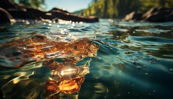 ai generado el Tortuga nada en el estanque, reflejando el tranquilo puesta de sol generado por ai foto