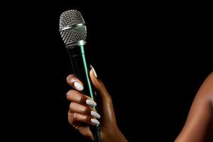 AI generated close up of hand holding microphone bokeh style background photo