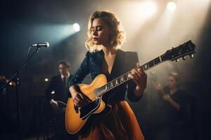 ai generado joven mujer canto y jugando acústico guitarra bokeh estilo antecedentes foto