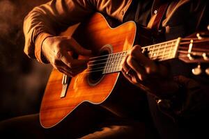 ai generado cerca arriba de mano jugando acústico guitarra bokeh estilo antecedentes foto