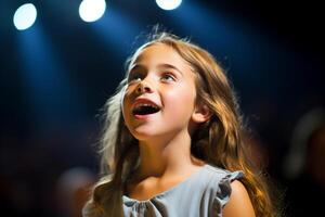 AI generated a young girl kid singing bokeh style background with generative ai photo