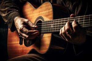 AI generated close up of hand playing acoustic guitar photo