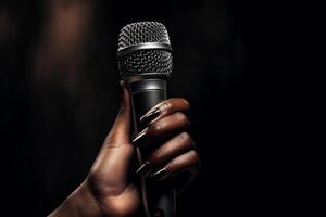 AI generated close up of hand holding microphone bokeh style background with generative ai photo