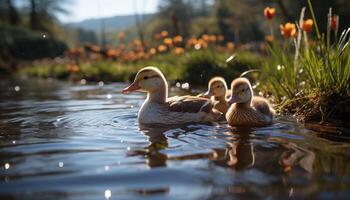 AI generated Cute duckling quacking, reflecting beauty in nature tranquil pond generated by AI photo