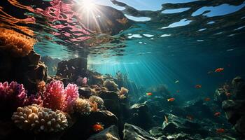 AI generated Underwater fish swim below colorful coral in tropical seascape generated by AI photo