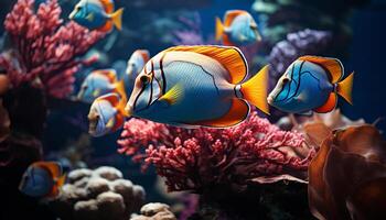 AI generated Clown fish swimming in colorful reef, underwater nature beauty generated by AI photo