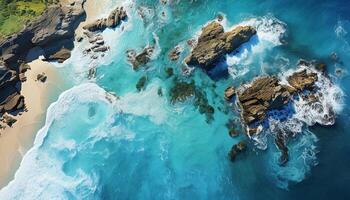 ai generado aéreo ver de majestuoso montaña, azul ola salpicaduras en línea costera generado por ai foto