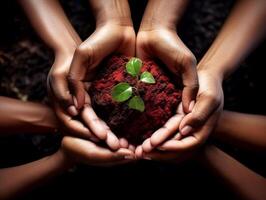 AI generated Hands Cradling Seedling in Rich Red Soil photo
