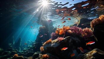 ai generado submarino aventuras pez, coral, escafandra autónoma buceo, tropical clima, azul generado por ai foto