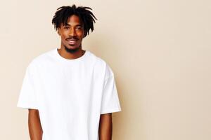 AI generated Confident Young Man with Dreadlocks White T-shirt Mock-up photo