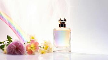 ai generado arco iris ligero reflejando en perfume botella foto