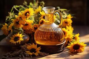 ai generado ámbar jarra con petróleo entre girasoles foto